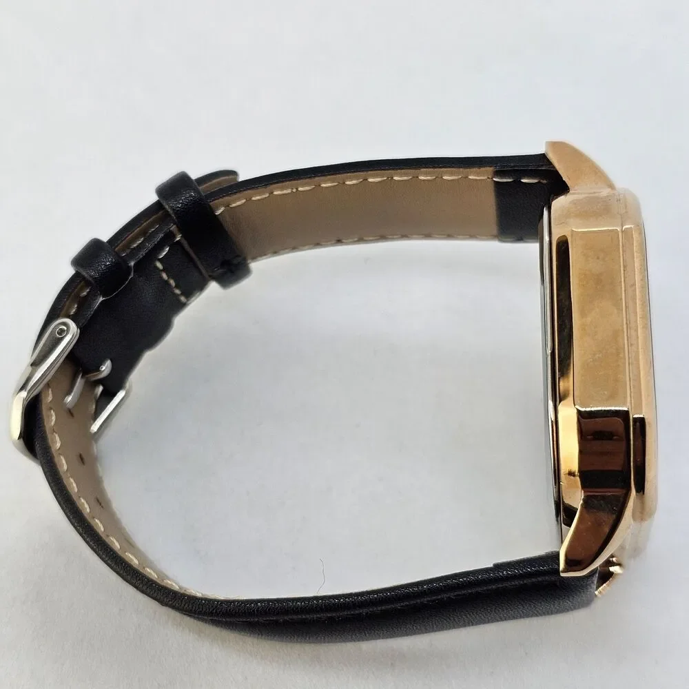 Men's Watch 42MM Black Dial‎ Gold Case Black Leather Band Straps Date Indicator